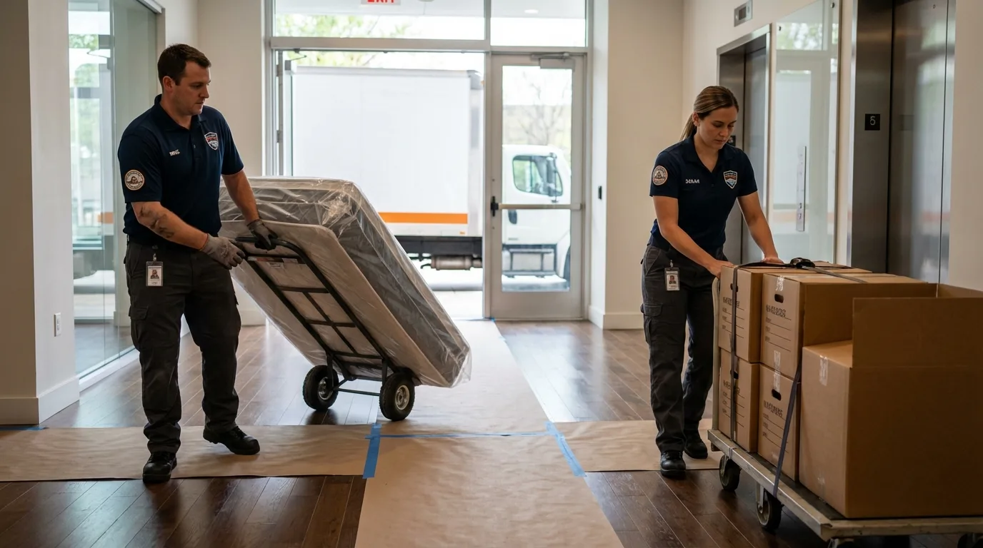 Professional apartment movers loading elevator in Onawa, IA